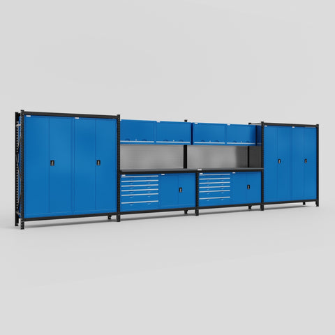 M2222-2 Modular Work Bench with Overheads - H2100mm x W7500mm | Laminate WBT | Blue
