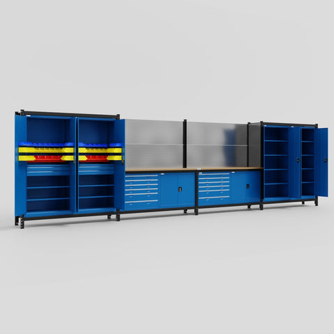 M2222-2 Modular Work Bench with Overheads - H2100mm x W7500mm | MDF WBT | Blue