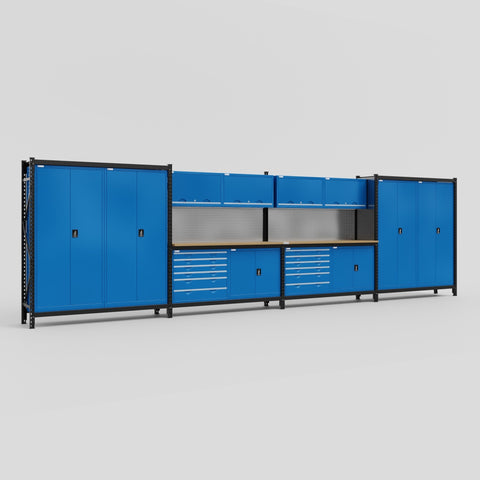 M2222-2 Modular Work Bench with Overheads - H2100mm x W7500mm | MDF WBT | Blue