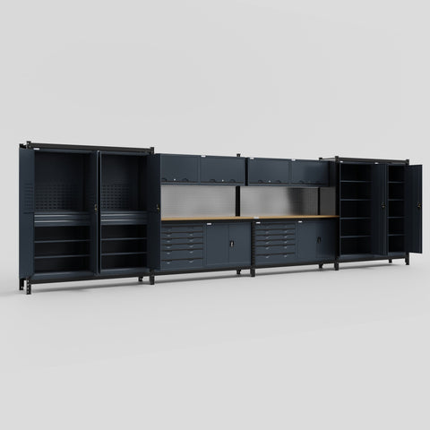 M2222-2 Modular Work Bench with Overheads - H2100mm x W7500mm | MDF WBT | Dark Grey