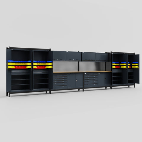 M2222-2 Modular Work Bench with Overheads - H2100mm x W7500mm | MDF WBT | Dark Grey