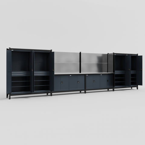 M2222 Modular Work Bench - H2100mm x W7500mm | Stainless WBT | Dark Grey