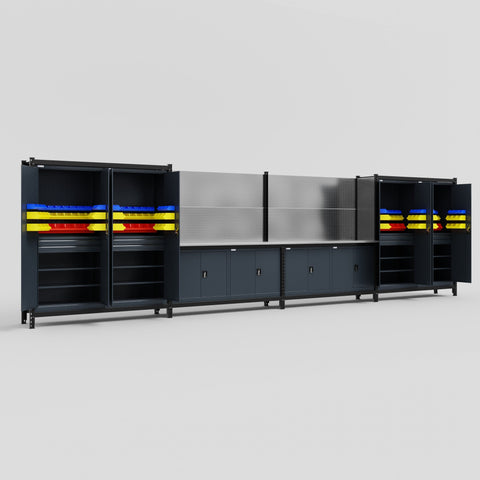 M2222 Modular Work Bench - H2100mm x W7500mm | Stainless WBT | Dark Grey