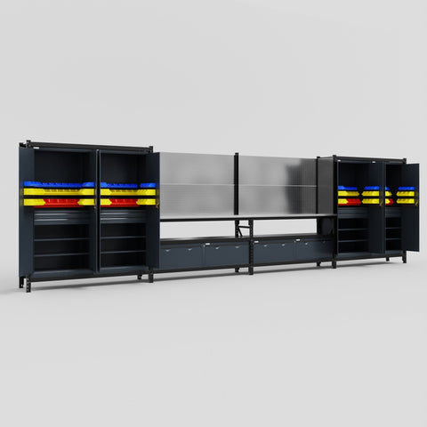 M2222 Modular Work Bench - H2100mm x W7500mm | Stainless WBT | Dark Grey