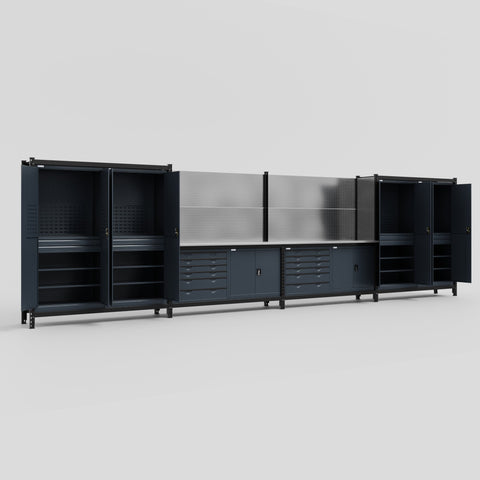 M2222-2 Modular Work Bench - H2100mm x W7500mm | Stainless WBT | Dark Grey