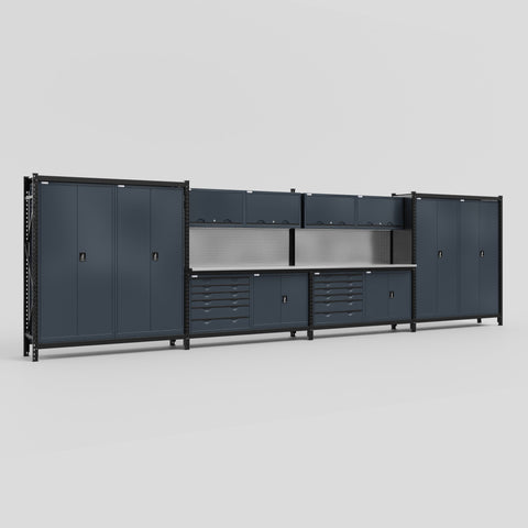 M2222-2 Modular Work Bench - H2100mm x W7500mm | Stainless WBT | Dark Grey