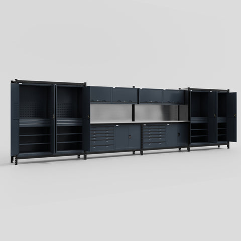 M2222-2 Modular Work Bench - H2100mm x W7500mm | Stainless WBT | Dark Grey