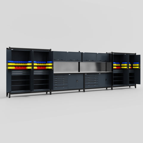 M2222-2 Modular Work Bench with Overheads - H2100mm x W7500mm | Dark Grey