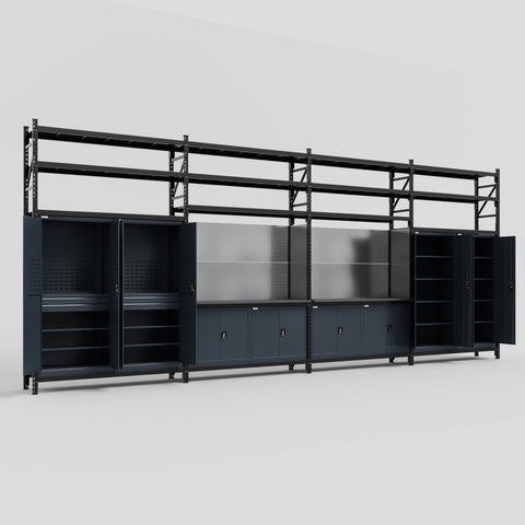 M2222 Modular Work Bench with Shelves - H3100mm x W7500mm | Laminate WBT | Dark Grey