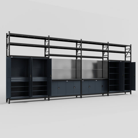 M2222 Modular Work Bench with Shelves - H3100mm x W7500mm | Laminate WBT | Dark Grey