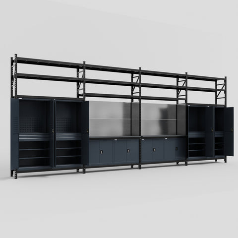 M2222 Modular Work Bench with Shelves - H3100mm x W7500mm | Laminate WBT | Dark Grey