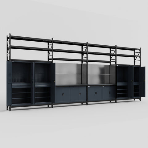 M2222 Modular Work Bench with Shelves - H3100mm x W7500mm | Laminate WBT | Dark Grey