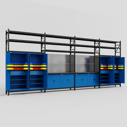 M2222 Modular Work Bench with Shelves - H3100mm x W7500mm | Laminate WBT | Blue