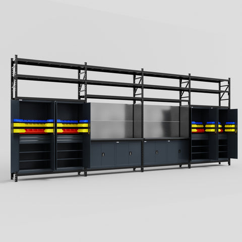M2222 Modular Work Bench with Shelves - H3100mm x W7500mm | Laminate WBT | Dark Grey