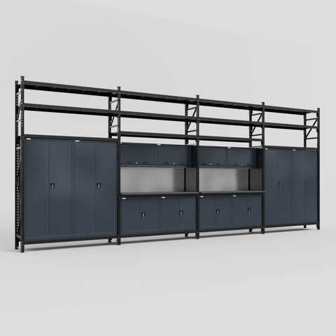 M2222 Modular Work Bench with Shelves - H3100mm x W7500mm | Laminate WBT | Dark Grey