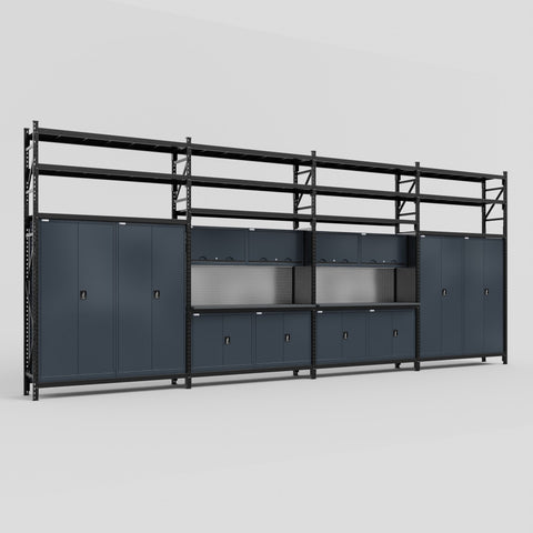 M2222 Modular Work Bench with Shelves - H3100mm x W7500mm | Laminate WBT | Dark Grey