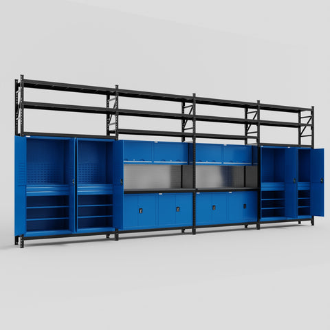 M2222 Modular Work Bench with Shelves - H3100mm x W7500mm | Laminate WBT | Blue