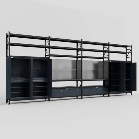 M2222 Modular Work Bench with Shelves - H3100mm x W7500mm | Laminate WBT | Dark Grey