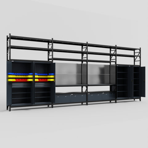 M2222 Modular Work Bench with Shelves - H3100mm x W7500mm | Laminate WBT | Dark Grey