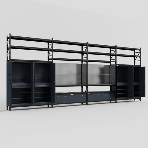 M2222 Modular Work Bench with Shelves - H3100mm x W7500mm | Laminate WBT | Dark Grey