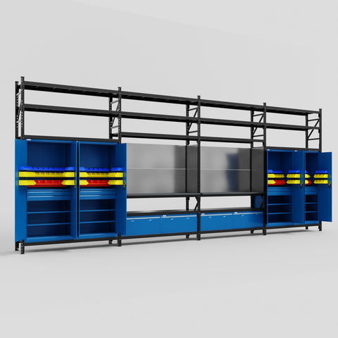M2222 Modular Work Bench with Shelves - H3100mm x W7500mm | Laminate WBT | Blue