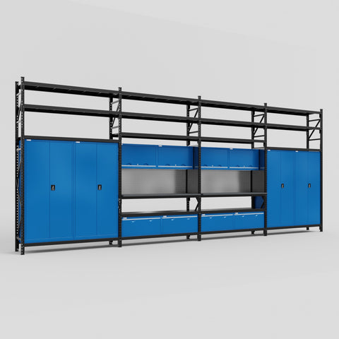 M2222 Modular Work Bench with Shelves - H3100mm x W7500mm | Laminate WBT | Blue