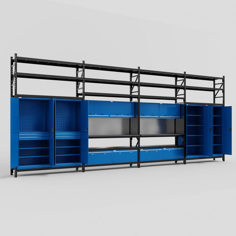 M2222 Modular Work Bench with Shelves - H3100mm x W7500mm | Laminate WBT | Blue