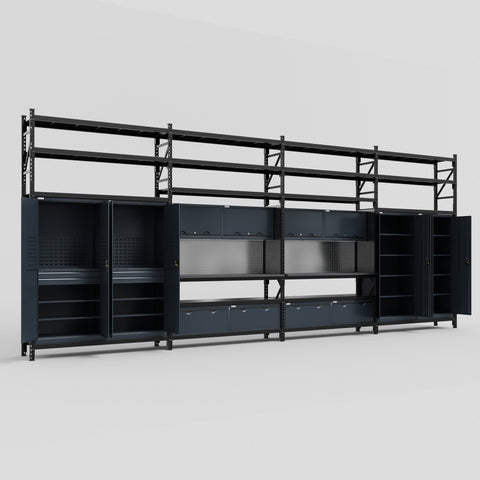 M2222 Modular Work Bench with Shelves - H3100mm x W7500mm | Laminate WBT | Dark Grey