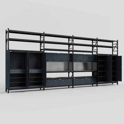 M2222 Modular Work Bench with Shelves - H3100mm x W7500mm | Laminate WBT | Dark Grey