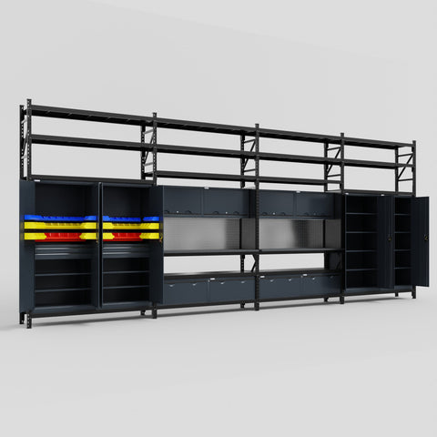 M2222 Modular Work Bench with Shelves - H3100mm x W7500mm | Laminate WBT | Dark Grey