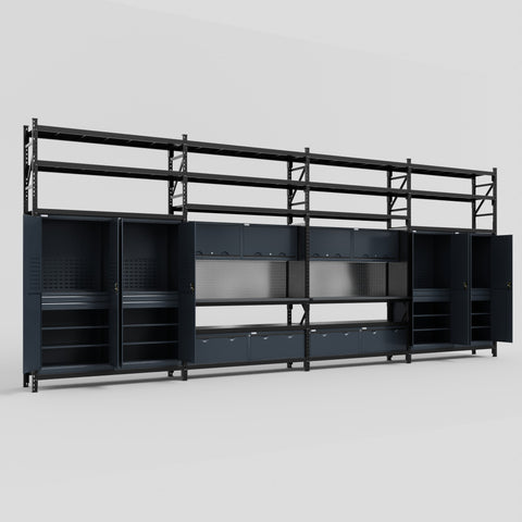 M2222 Modular Work Bench with Shelves - H3100mm x W7500mm | Laminate WBT | Dark Grey