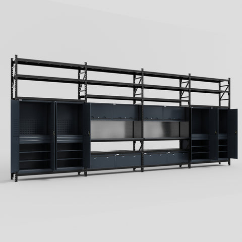 M2222 Modular Work Bench with Shelves - H3100mm x W7500mm | Laminate WBT | Dark Grey