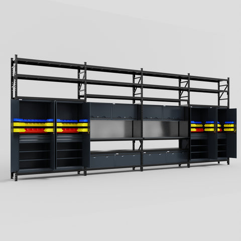 M2222 Modular Work Bench with Shelves - H3100mm x W7500mm | Laminate WBT | Dark Grey