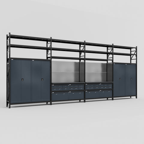 M2222 Modular Work Bench with Shelves - H3100mm x W7500mm | Laminate WBT | Dark Grey