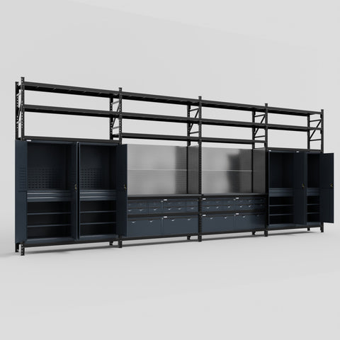 M2222 Modular Work Bench with Shelves - H3100mm x W7500mm | Laminate WBT | Dark Grey