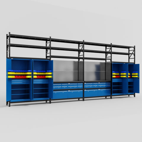 M2222 Modular Work Bench with Shelves - H3100mm x W7500mm | Laminate WBT | Blue