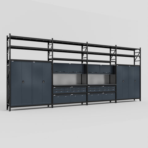 M2222 Modular Work Bench with Shelves - H3100mm x W7500mm | Laminate WBT | Dark Grey