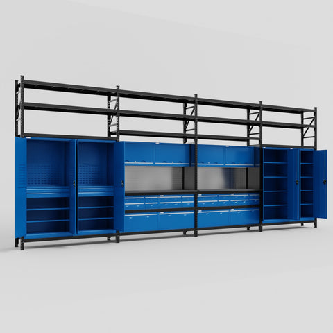 M2222 Modular Work Bench with Shelves - H3100mm x W7500mm | Laminate WBT | Blue