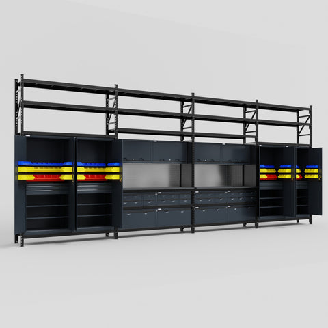 M2222 Modular Work Bench with Shelves - H3100mm x W7500mm | Laminate WBT | Dark Grey