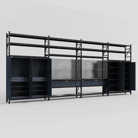 M2222 Modular Work Bench with Shelves - H3100mm x W7500mm | Laminate WBT | Dark Grey