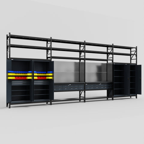 M2222 Modular Work Bench with Shelves - H3100mm x W7500mm | Laminate WBT | Dark Grey