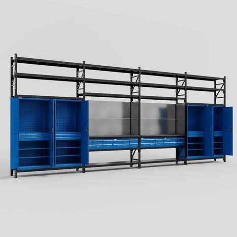 M2222 Modular Work Bench with Shelves - H3100mm x W7500mm | Laminate WBT | Blue