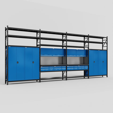 M2222 Modular Work Bench with Shelves - H3100mm x W7500mm | Laminate WBT | Blue