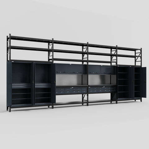 M2222 Modular Work Bench with Shelves - H3100mm x W7500mm | Laminate WBT | Dark Grey