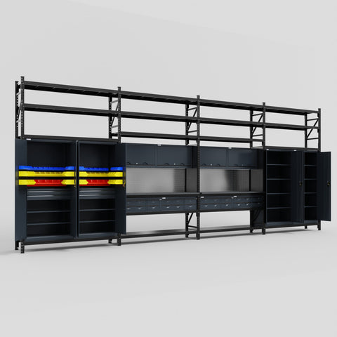 M2222 Modular Work Bench with Shelves - H3100mm x W7500mm | Laminate WBT | Dark Grey