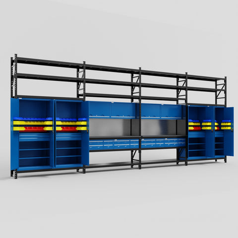 M2222 Modular Work Bench with Shelves - H3100mm x W7500mm | Laminate WBT | Blue