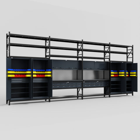 M2222 Modular Work Bench with Shelves - H3100mm x W7500mm | Laminate WBT | Dark Grey