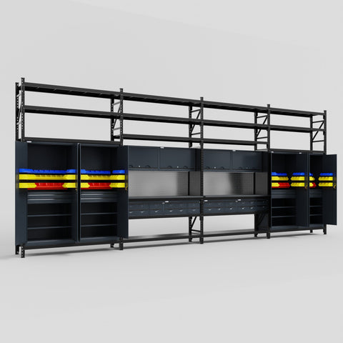 M2222 Modular Work Bench with Shelves - H3100mm x W7500mm | Laminate WBT | Dark Grey