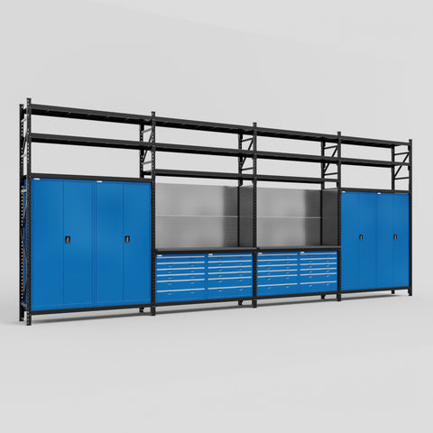 M2222 Modular Work Bench with Shelves - H3100mm x W7500mm | Laminate WBT | Blue