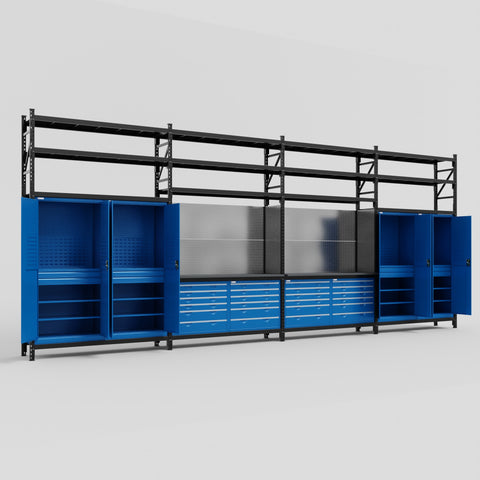 M2222 Modular Work Bench with Shelves - H3100mm x W7500mm | Laminate WBT | Blue